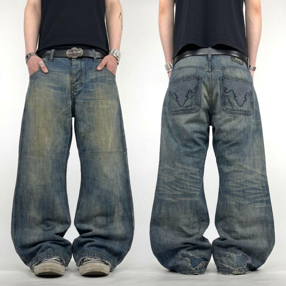 Vintage y2k whiskered archive faded grunge baggy embroidered rare jeans